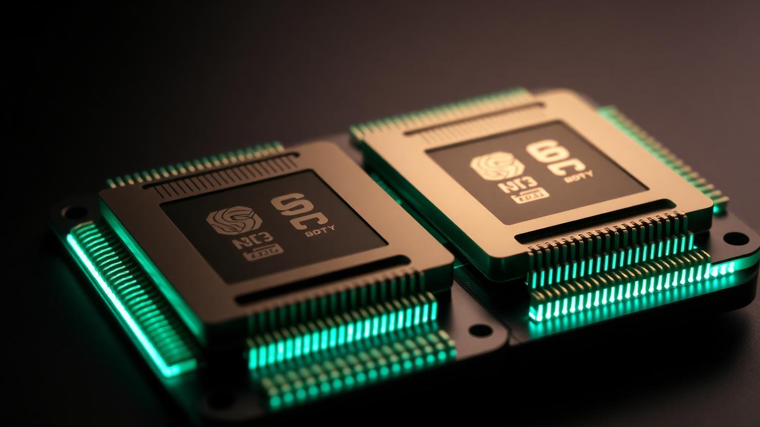 Two CPU cores on a silicon die with glowing cyan strips representing 64-byte cache lines