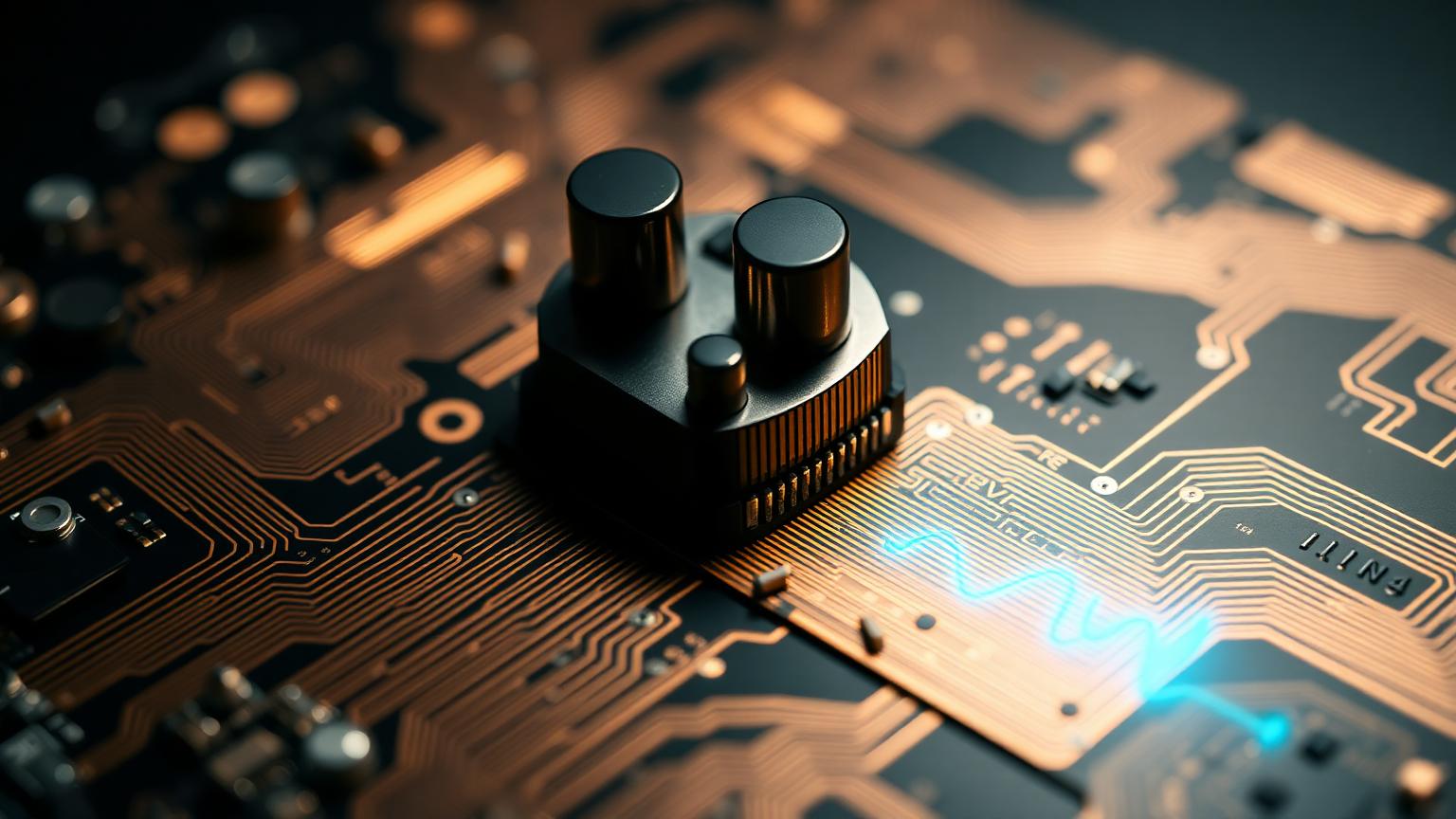 Close-up of an FMCW radar PCB with copper traces and a glowing cyan signal trace
