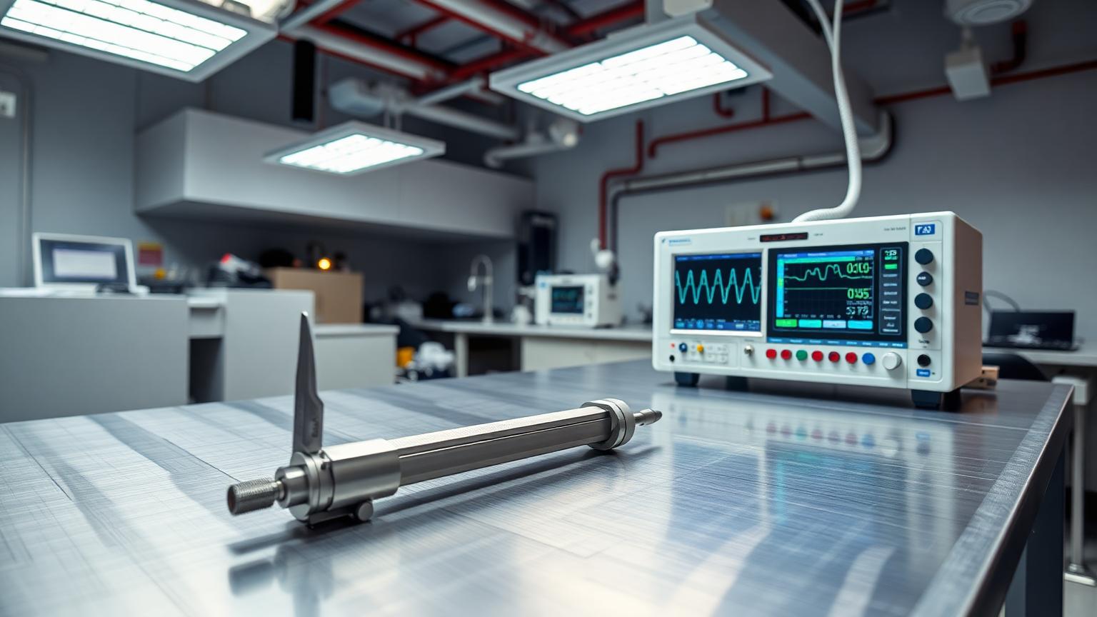 Lab bench with a linear actuator, digital calipers, and an oscilloscope showing a sine wave