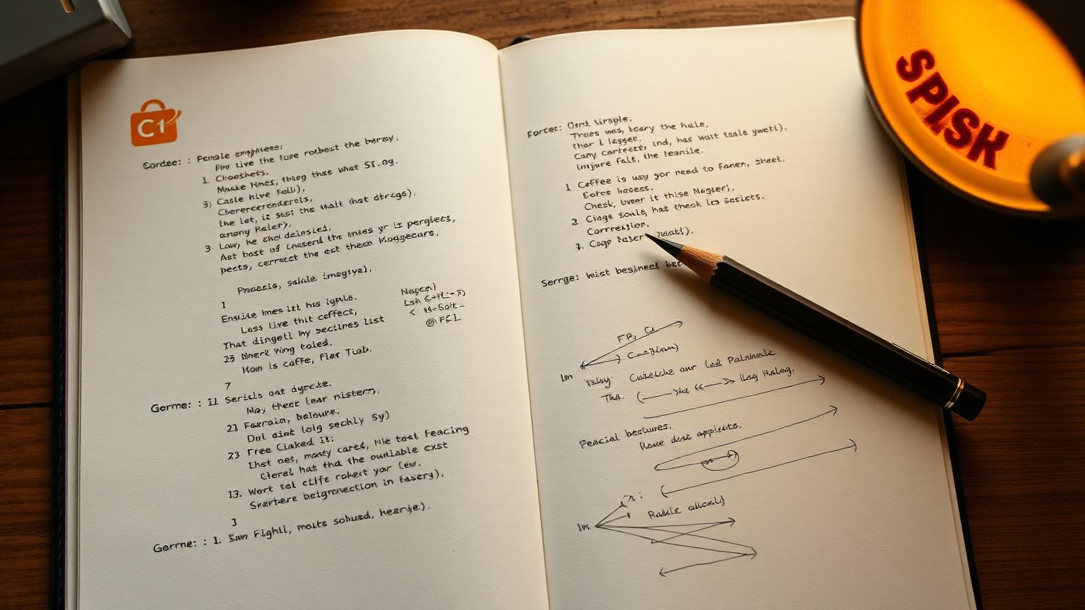 Open engineer's notebook with handwritten C++ code and pencil sketches