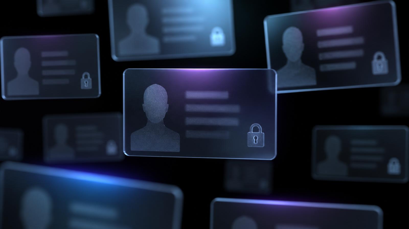 Frosted glass profile cards with redacted silhouettes and lock icons, floating in dark space