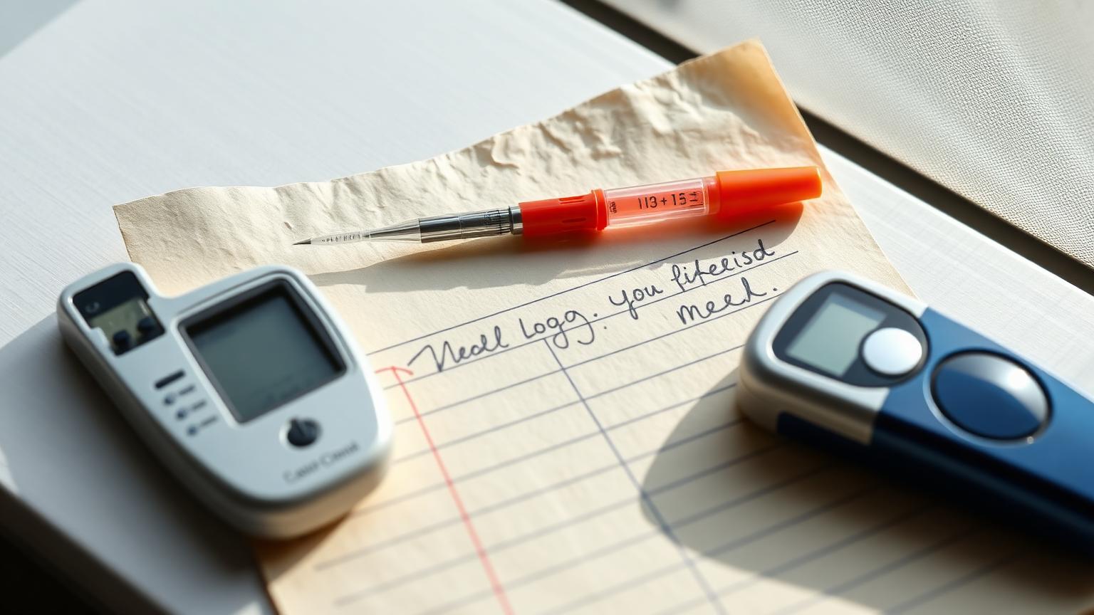 Glucose meter, lancet, and a handwritten meal log on textured paper