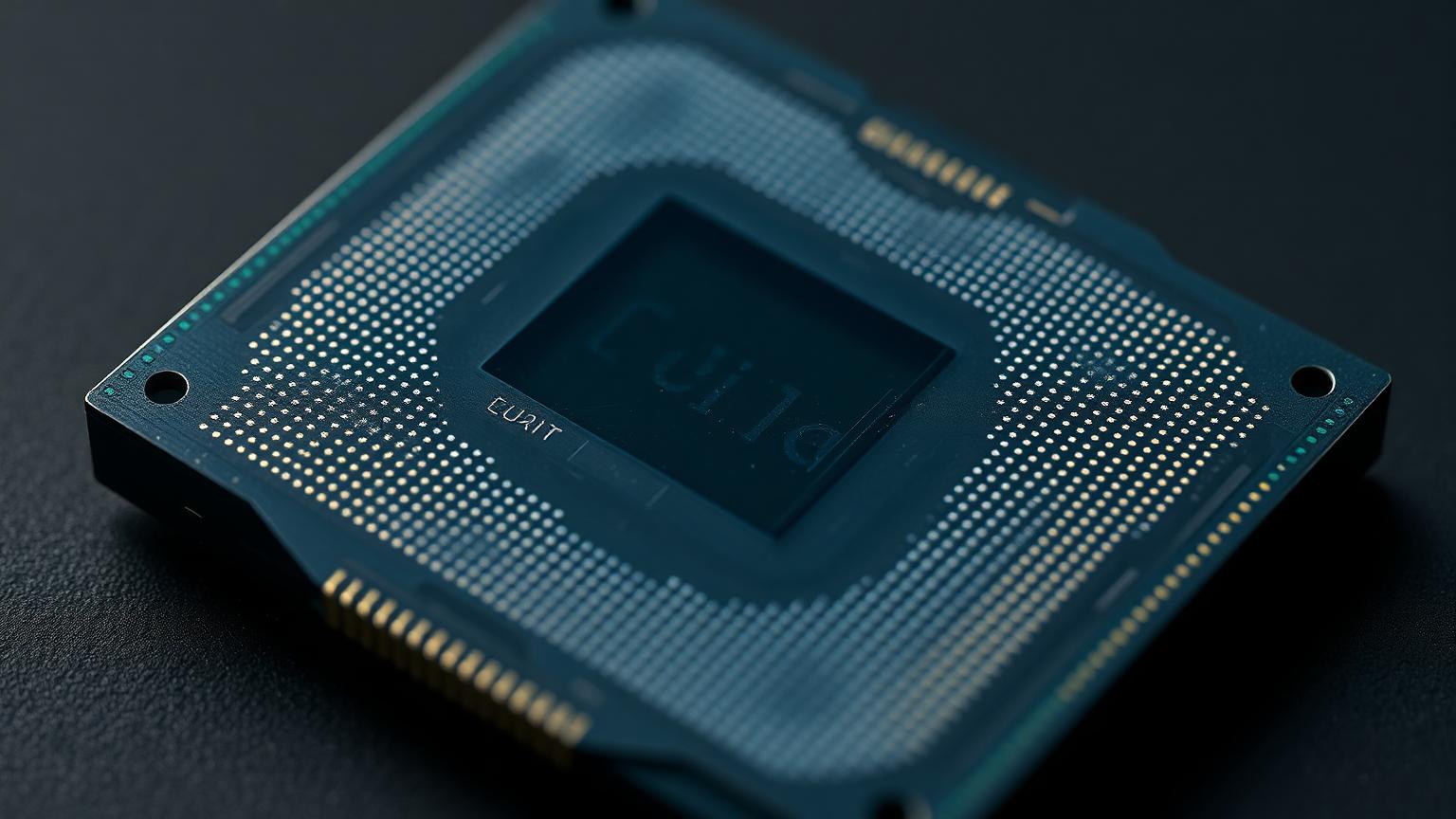 Macro photograph of a bare CPU die with metallic blue cache geometry