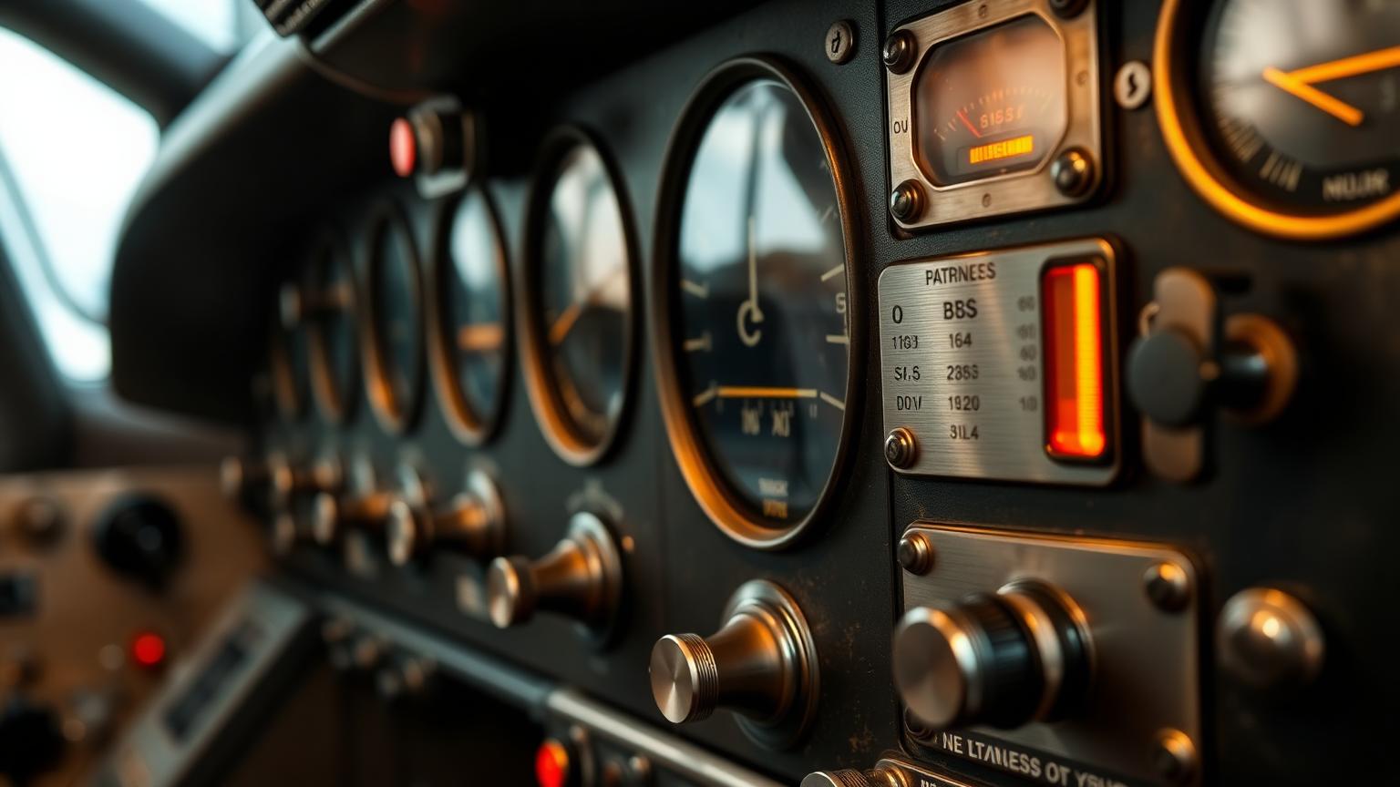 Vintage avionics panel with toggle switches and brushed aluminium gauges