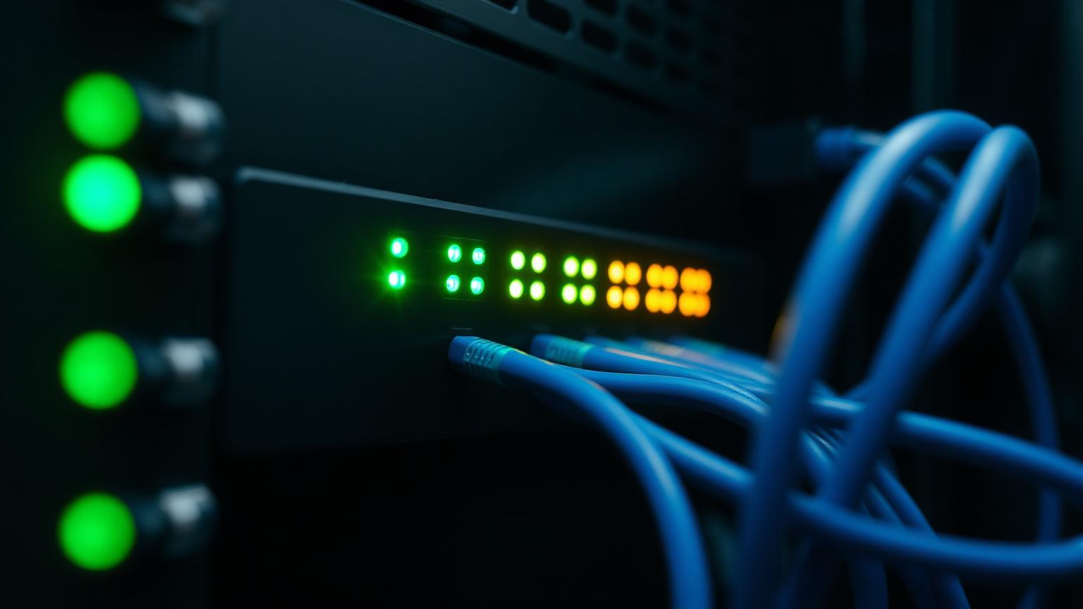 Closeup of a dark server rack with a row of glowing green and amber status LEDs and blue fibre cables