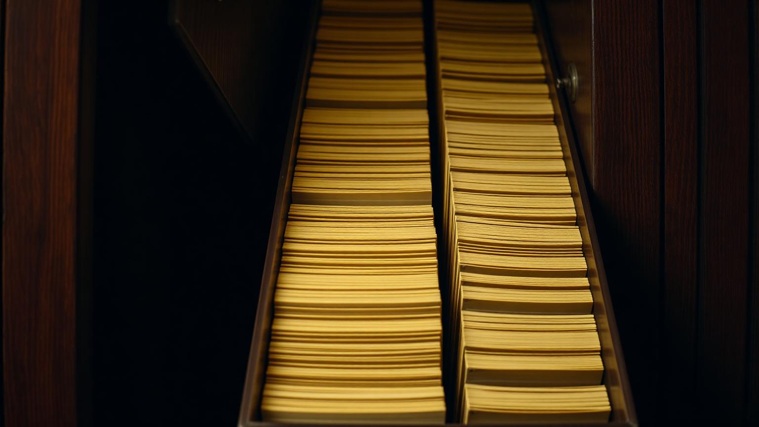 Open wooden library card catalogue drawer with rows of yellowed index cards