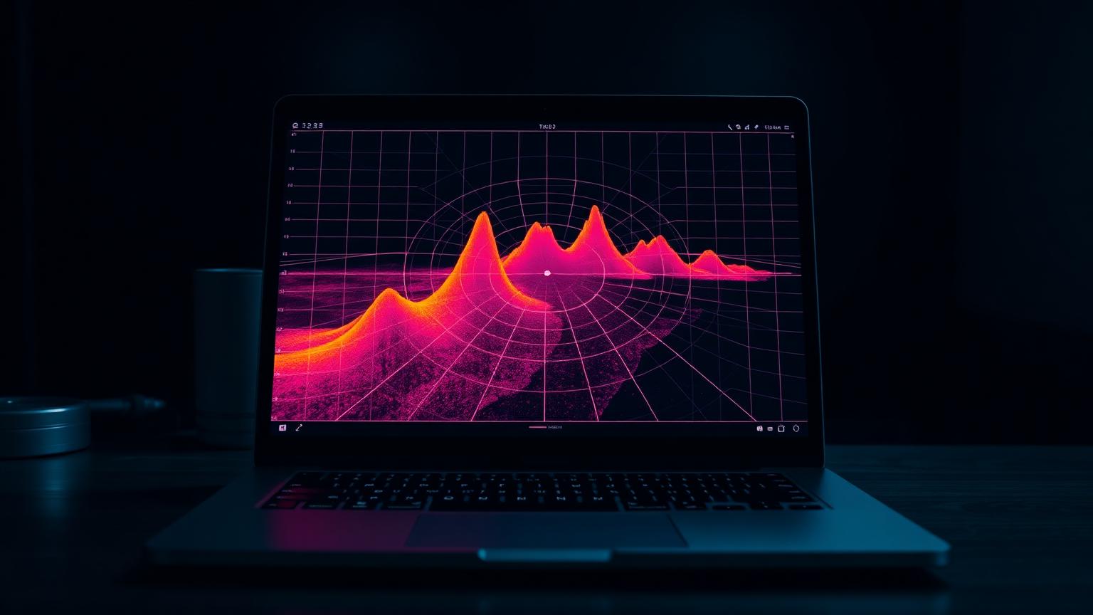 Laptop screen showing a magenta and orange range-doppler radar heatmap in a dark room
