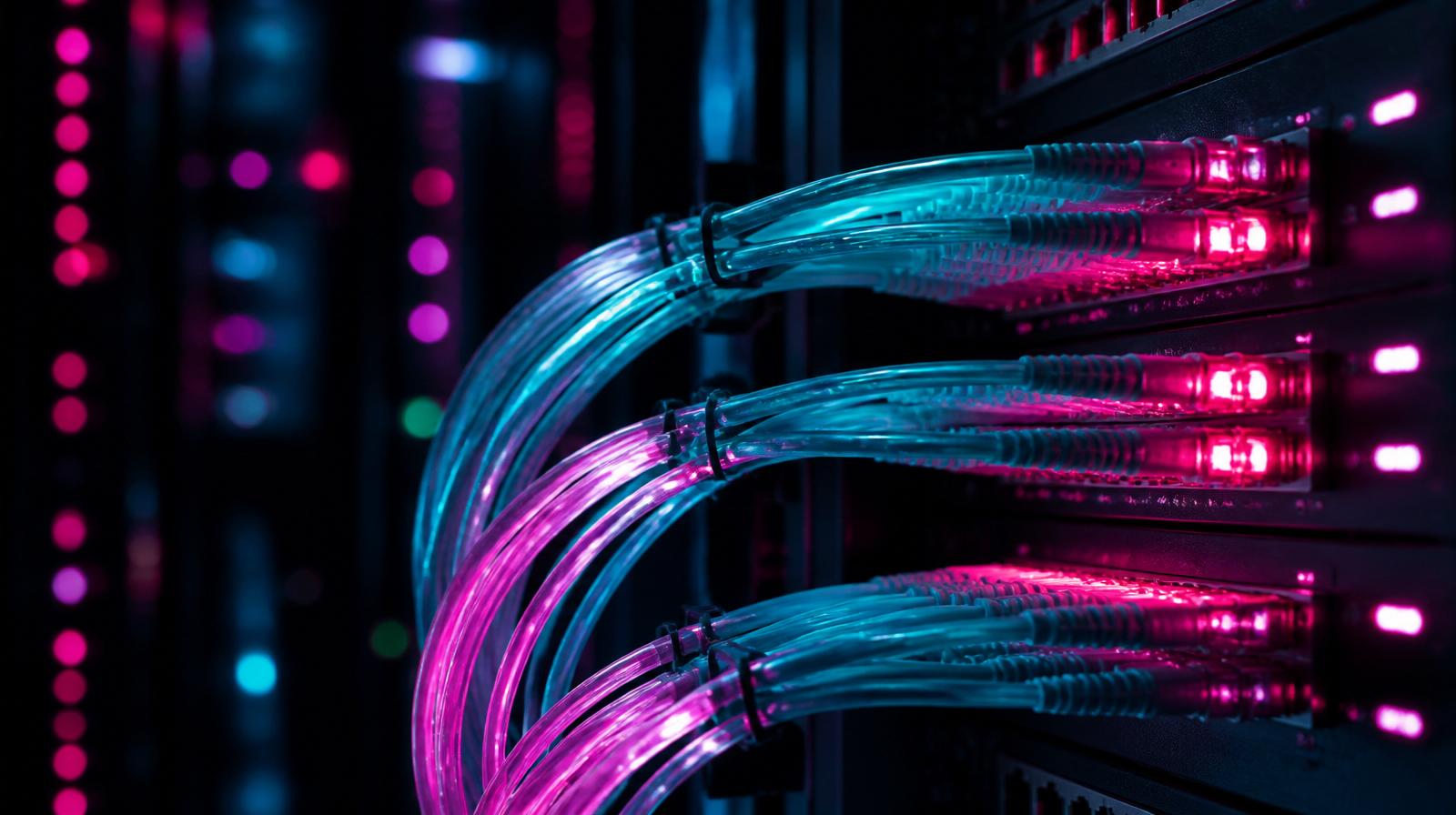 Glowing cyan and magenta fibre-optic cables curving into the back of a dark server rack
