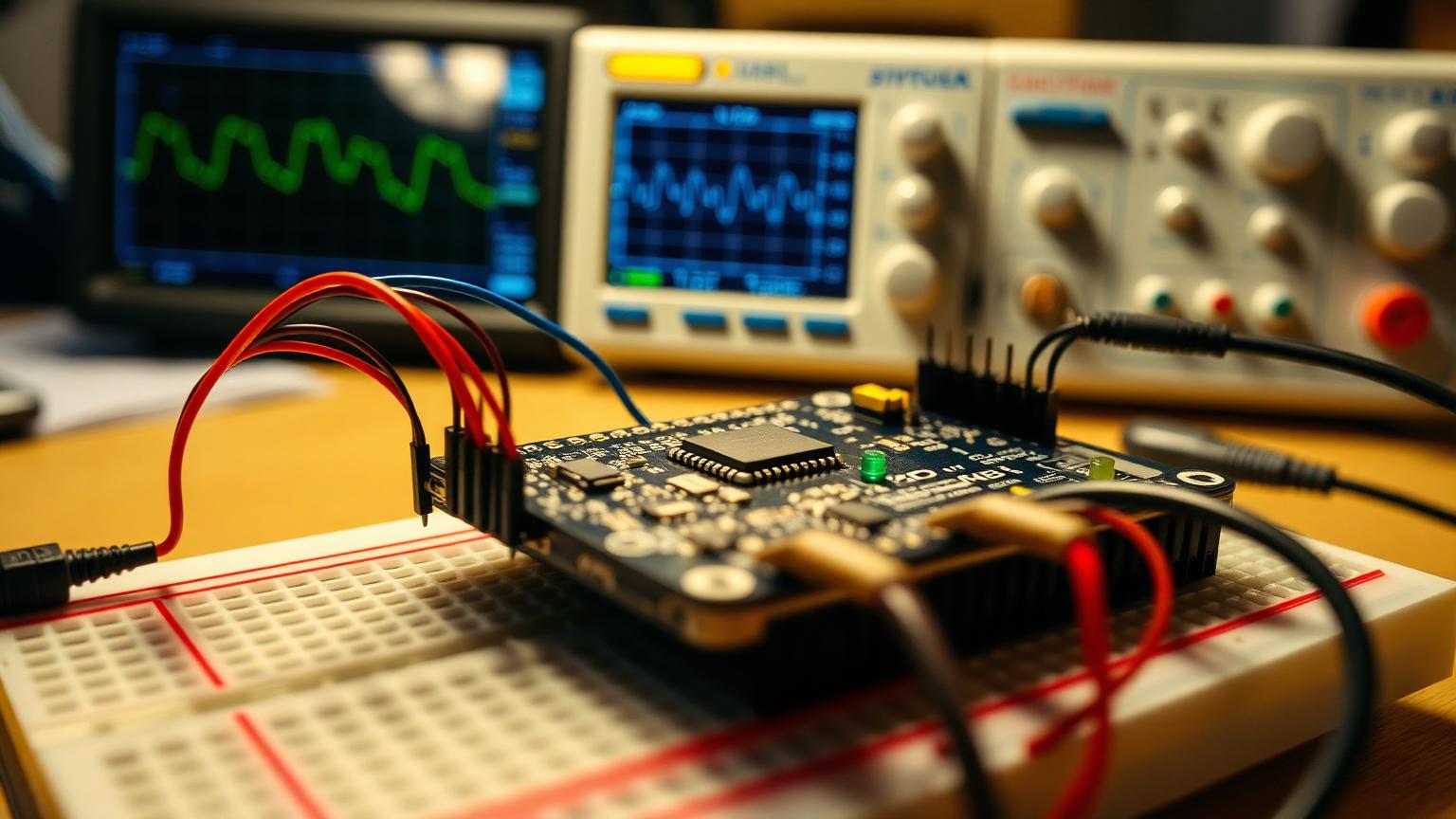 Sensor breakout on a breadboard wired to an oscilloscope showing a 1 kHz waveform