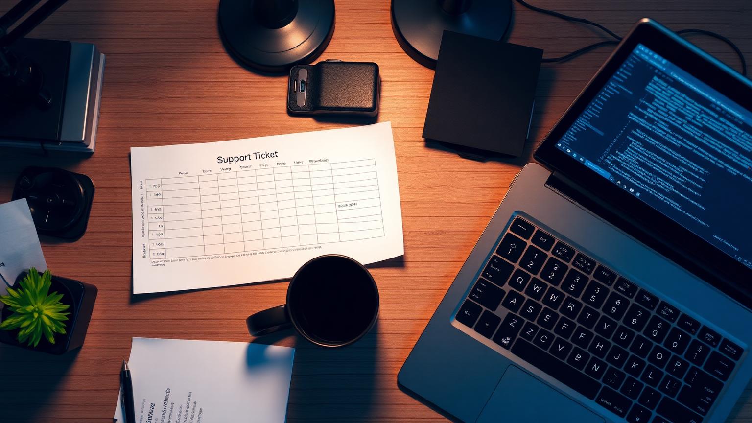 Overhead view of a desk with a printed support ticket queue, coffee, and a terminal on a laptop